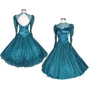 Vintage 80s 40s Teal Blue Green Lace Satin Full Skirt Prom Party Dress XS S